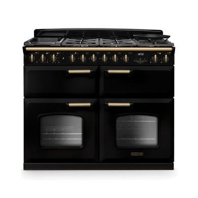 Rangemaster Classic Deluxe 110cm Dual Fuel Range Cooker - Gloss Black with Antique Brass Trim