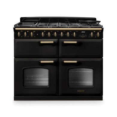 Rangemaster Classic Deluxe 110cm Dual Fuel Range Cooker - Charcoal Black with Antique Brass Trim