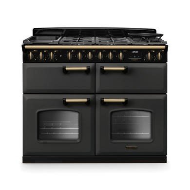 Rangemaster Classic Deluxe 110cm Dual Fuel Range Cooker in Slate with Antique Brass Trim