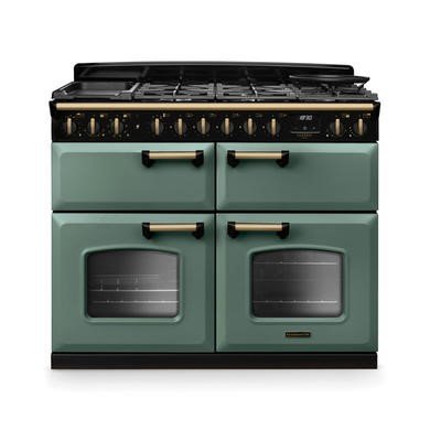 Rangemaster Classic Deluxe 110cm Dual Fuel Range Cooker - Mineral Green with Antique Brass Trim