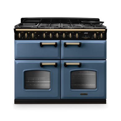 Rangemaster Classic Deluxe 110cm Dual Fuel Range Cooker - Stone Blue with Antique Brass Trim