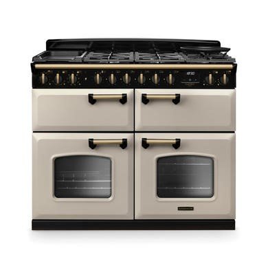 Rangemaster Classic Deluxe 110cm Dual Fuel Range Cooker in Pale Cream with Antique Brass Trim