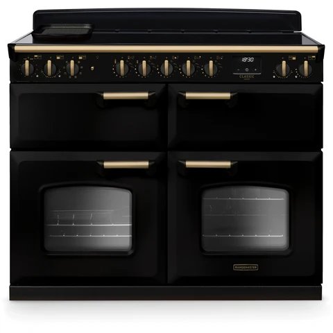 Rangemaster Classic Deluxe 110cm Electric Induction Range Cooker in Gloss Black with Antique Brass Trim
