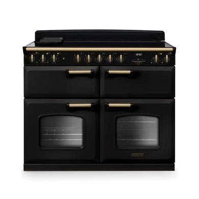 Rangemaster Classic Deluxe 110cm Induction Range Cooker in Charcoal Black with Antique Brass Trim