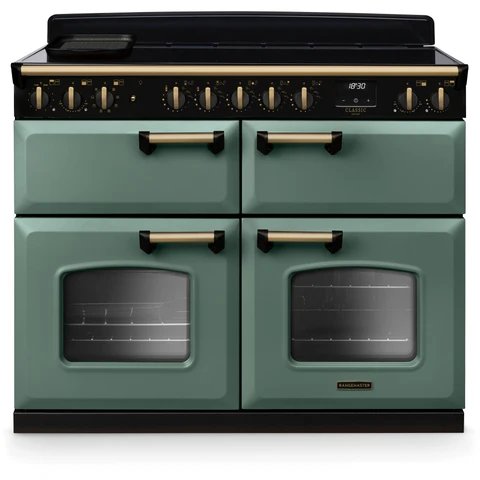 Rangemaster Classic Deluxe 110cm Induction Range Cooker in Mineral Green with Antique Brass Trim