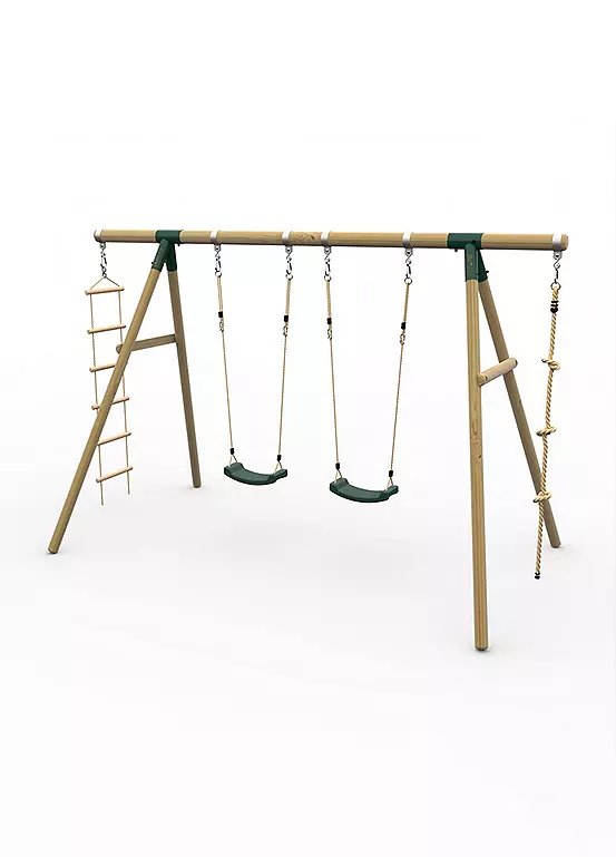 Plum Gibbon Wooden Garden Swing Set with Double Swings, Climbing Rope and Cargo Ladder