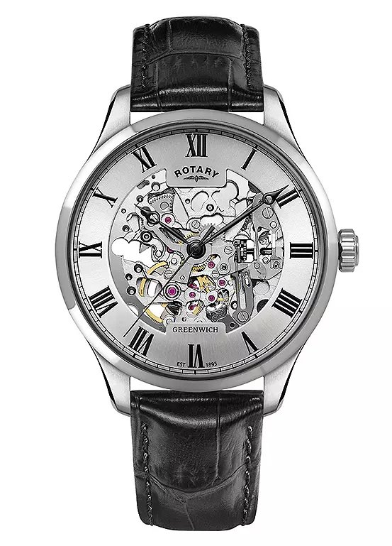 Rotary Greenwich Men's Skeleton Dial Watch with Black Leather Strap, 42mm