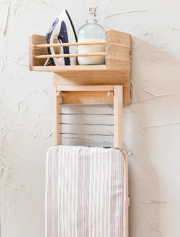 Garden Trading Hambledon Wooden Ironing Shelf with Coat Hooks, Natural Oak