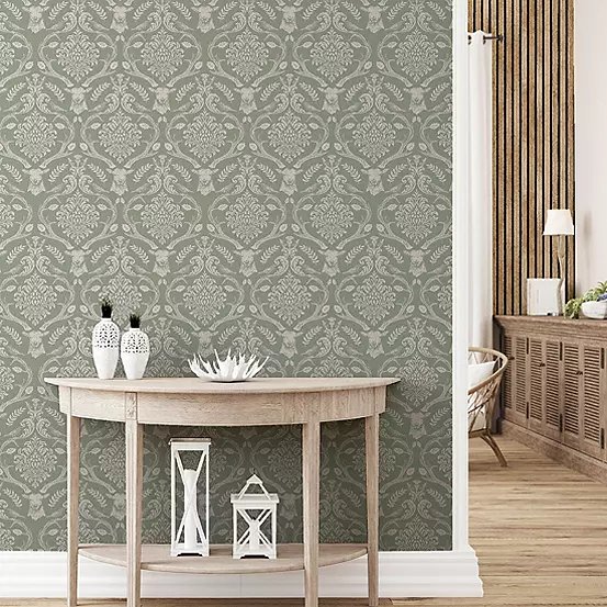 Arthouse Stag Damask Sage Green Wallpaper, 53cm x 10.05m Roll