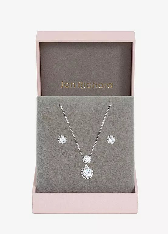 Jon Richard Rhodium Plated Cubic Zirconia Double Halo Drop Set in Gift Box
