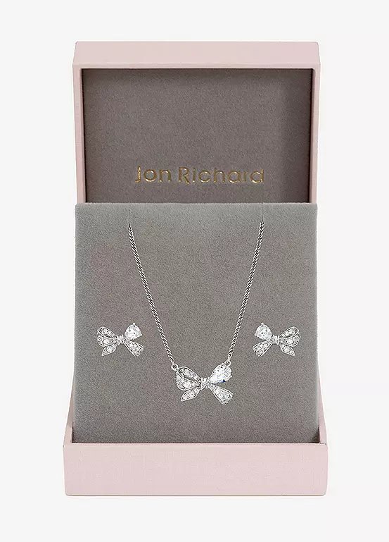 Jon Richard Rhodium Plated Bow Box Set with Necklace and Earrings