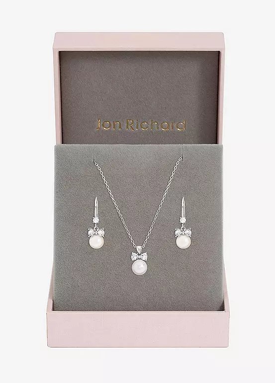 Jon Richard Rhodium Plated Crystal Bow and Pearl Drop Pendant and Earring Set