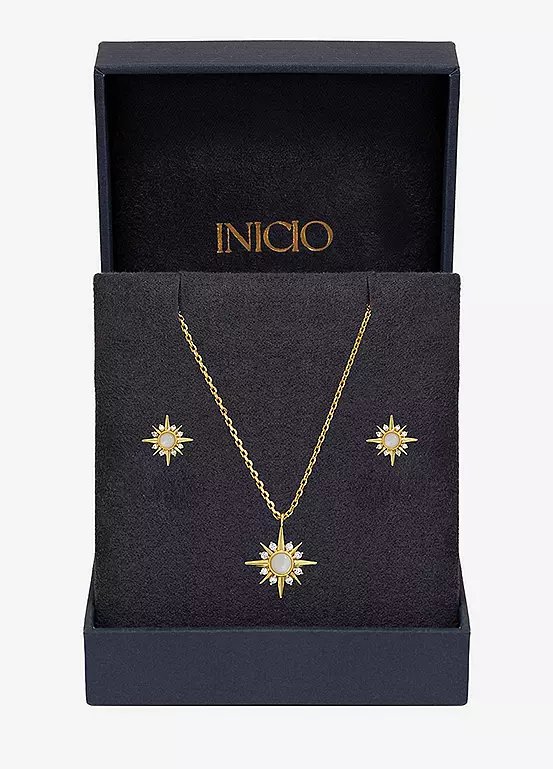 Inicio 14K Gold Plated Cubic Zirconia Star Necklace and Earrings Set