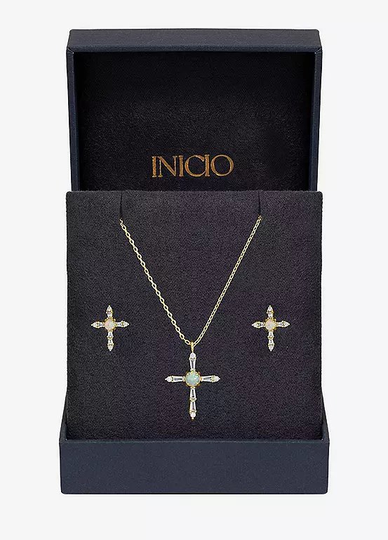 Inicio 14K Gold Plated Cubic Zirconia and Opal Cross Set with Gift Box