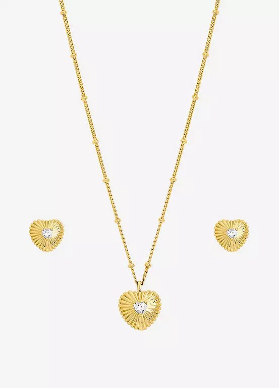 Inicio Gold Plated Cubic Zirconia Ridged Heart Pendant and Earring Set in Gift Box