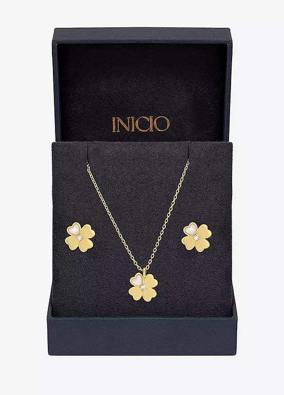 Inicio 14K Gold Plated and Cubic Zirconia Clover Set in Gift Box