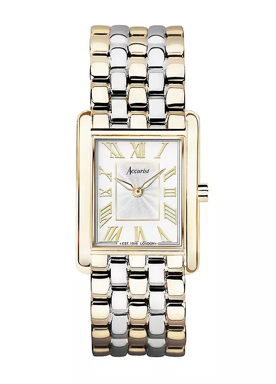 Accurist Ladies Rectangle Two Tone Stainless Steel Bracelet 26mm Watch with White Dial and Green Roman Numerals