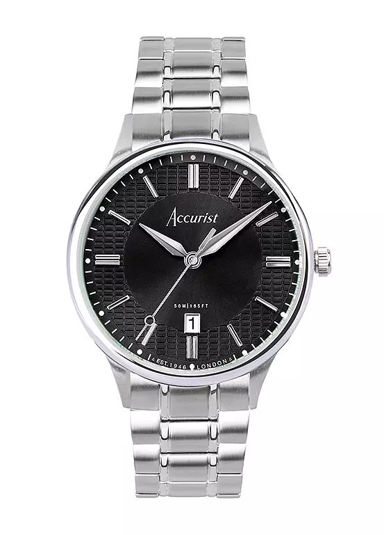Accurist Men's Classic Silver Stainless Steel Bracelet Analogue Watch, 37mm Black Dial