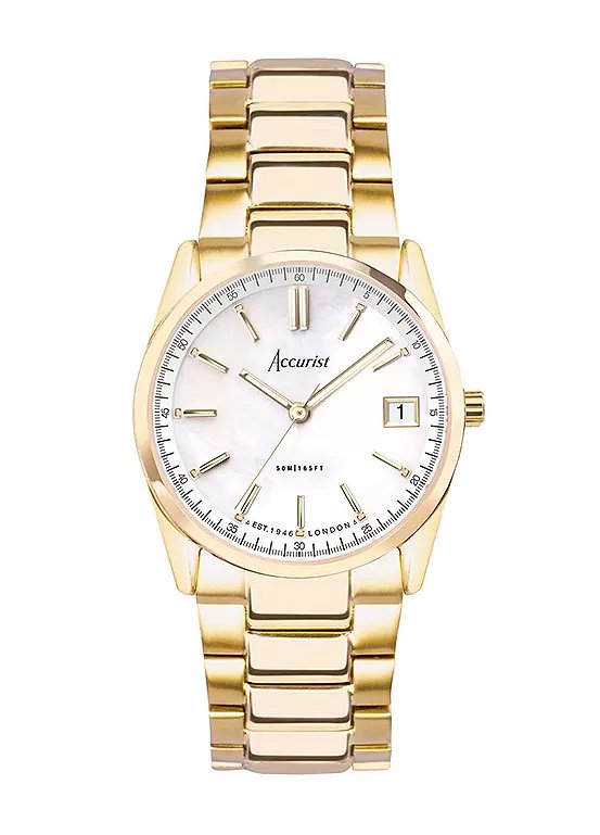 Accurist Ladies Everyday Gold Stainless Steel Bracelet Watch, 30mm White Mother-of-Pearl Dial