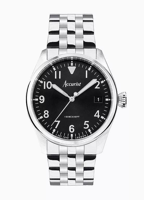 Accurist Men's Aviation Silver Stainless Steel Bracelet Analogue Watch, 41mm Black Dial