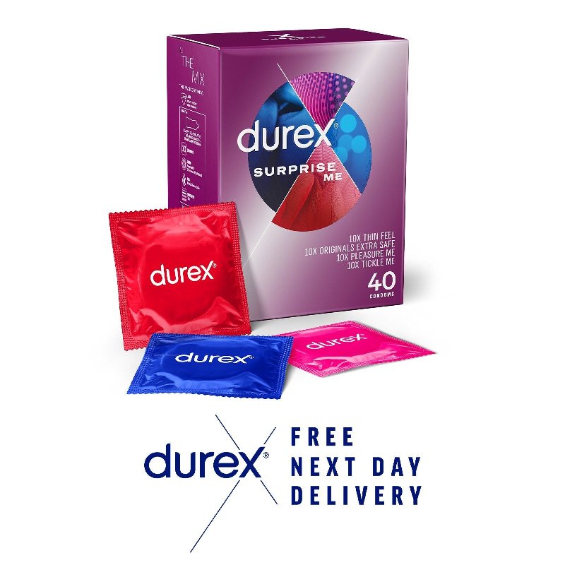 Durex Surprise Me Mixed Condoms Pack of 40 - Thin, Thick, Ribbed, Dotted