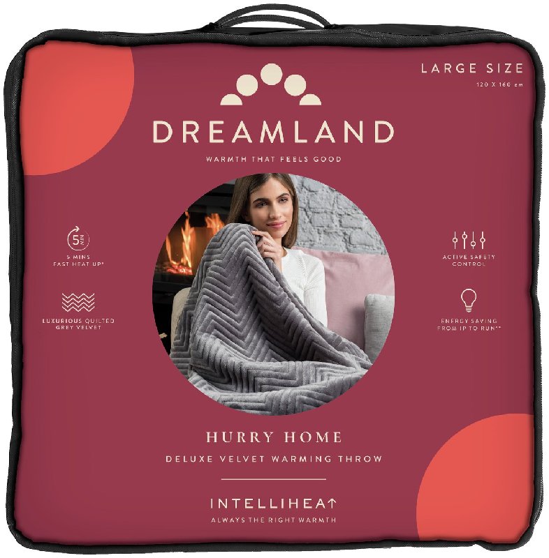 Dreamland Intelliheat Deluxe Velvet Heated Throw - Large (160 x 120 cm, Grey)