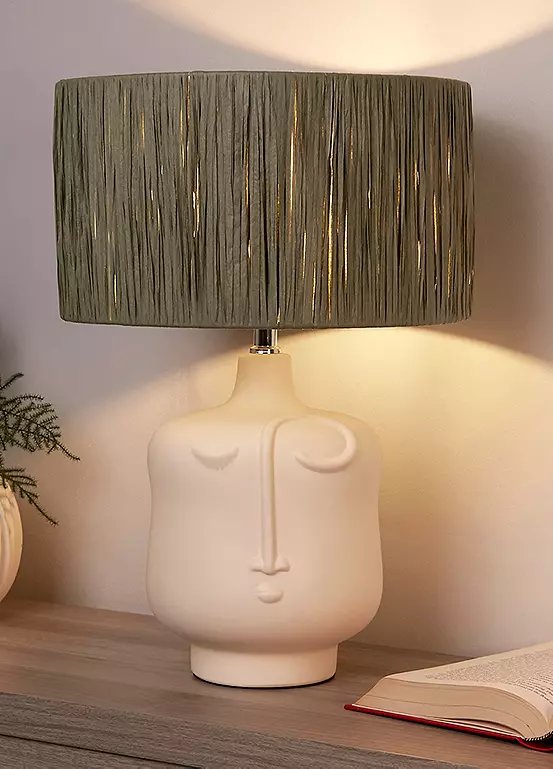 Searchlight House Beautiful Face Table Lamp with Cream Ceramic Base and Sage Green Raffia Shade
