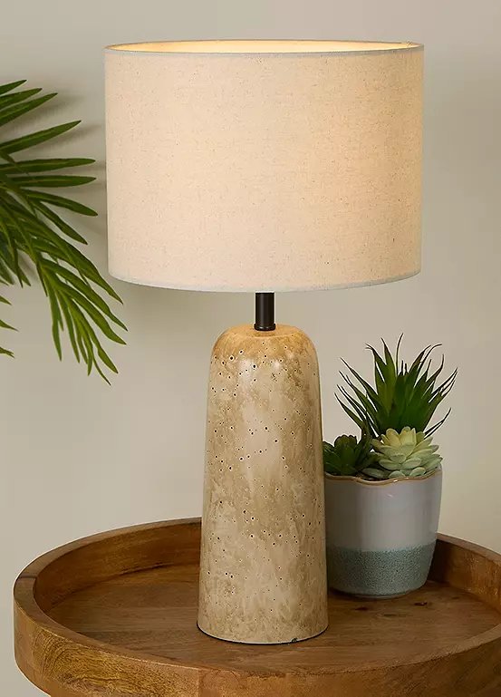 Searchlight Agra Travertine Effect Table Lamp with Natural Shade