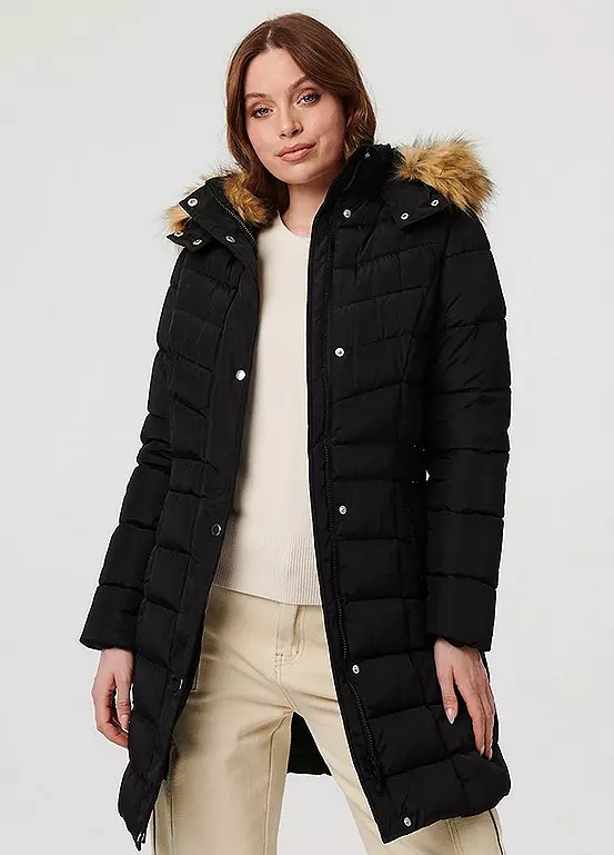 Izabel London Hooded Faux Fur Trim Longline Jacket