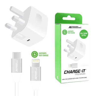 AdvancedAccessories CHARGE-iT 20W Mains Charger with 1m USB-C to Lightning Cable - White