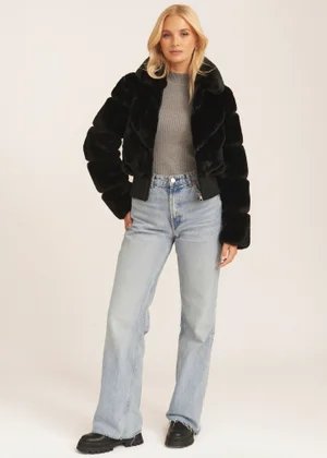 Gini London Black Faux Fur Zip Front Short Jacket