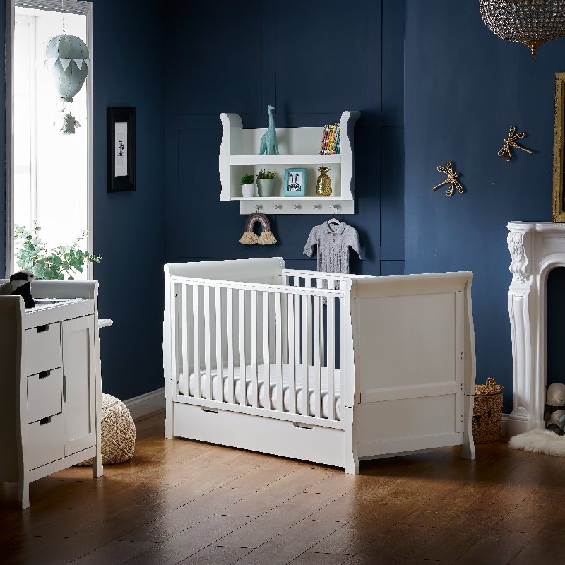 Obaby Stamford Classic Sleigh Cot Bed in White with Under-Drawer