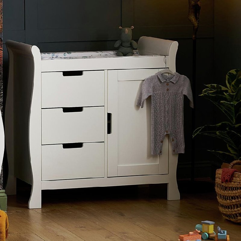 Obaby Stamford Sleigh Changing Unit in White with Three Drawers and Cupboard