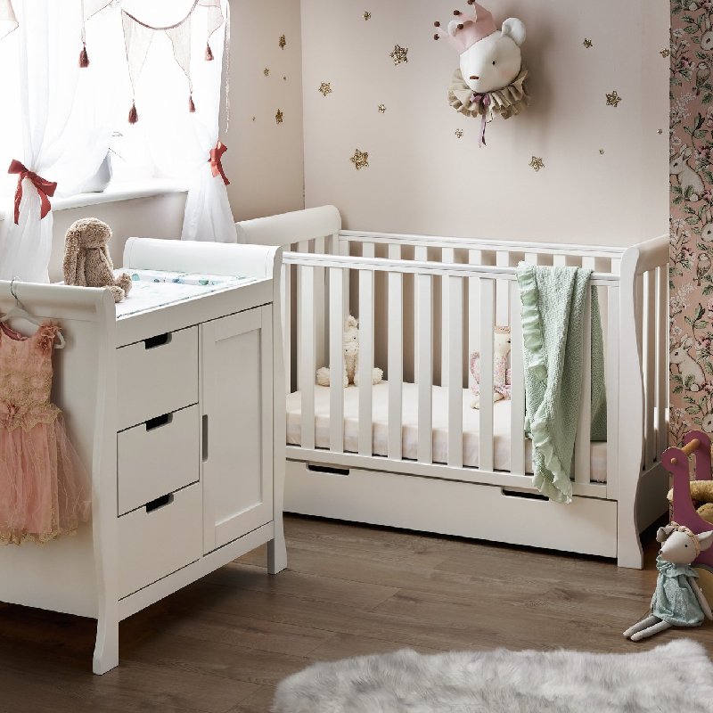 Obaby Stamford Mini Sleigh 2 Piece Nursery Set in White with Cot Bed and Changing Unit