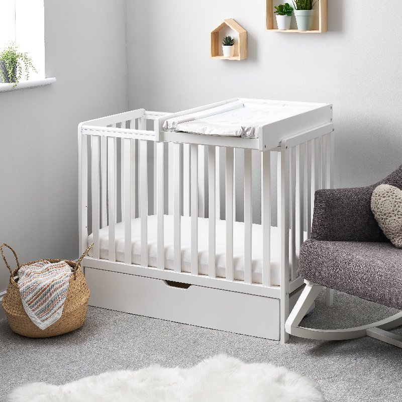 Obaby Bantam Space Saver Cot with Drawer, Changer Top and Mattress – White