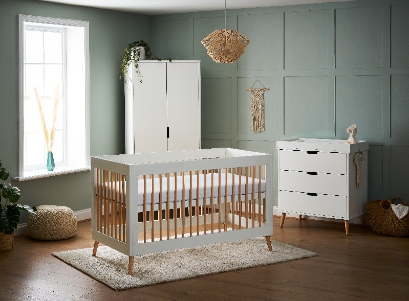 Obaby Maya Cot Bed Nursery Furniture Set - White and Natural, 3-Piece