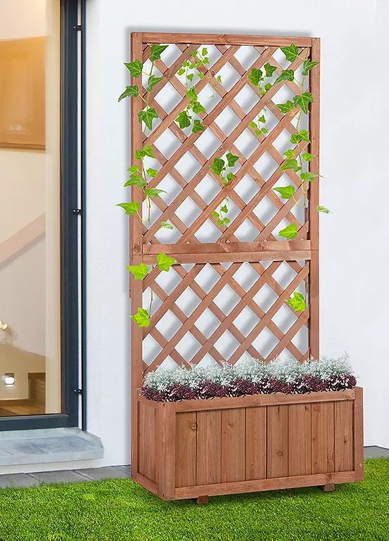 Outsunny Orange Pine Wood Flower Stand with Trough Planter and Creeper Frame