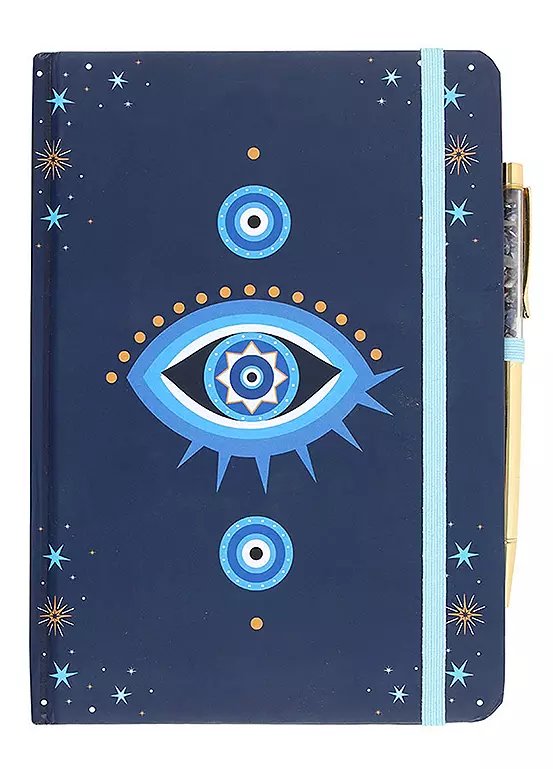 All Seeing Eye A5 Notebook with Crystal Chip Pen, Dark Blue Design, 200 Lined Pages