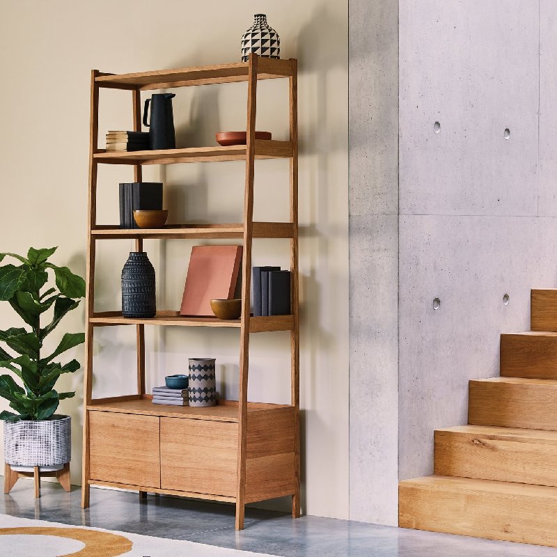 Habitat Marston Bookcase in Oak Veneer with 4 Fixed Shelves and 2 Sliding Door Cupboards