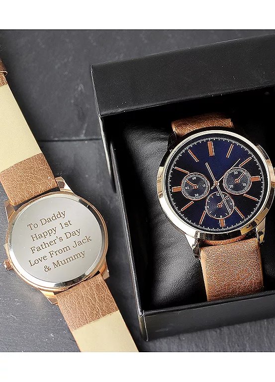 Personalised Memento Company Men's Rose Gold Watch with Brown Strap