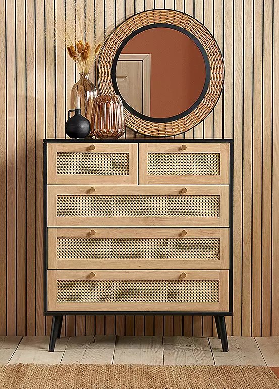Croxley 5-Drawer Rattan Chest in Black, Mid-Century Modern Design