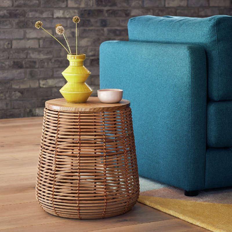 Habitat Hazel Natural Rattan Side Table with Oak Veneer Top