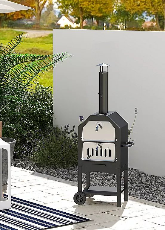 Outsunny Three-Tier Charcoal Pizza Oven BBQ Grill with Thermometer and Wheels