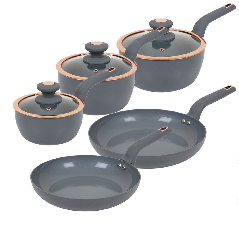 Tower Cavaletto 5-Piece Ceramic Non-Stick Pan Set in Grey with Rose Gold