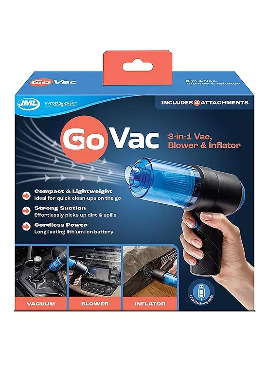 JML Go Vac 2-in-1 Cordless Handheld Vacuum and Inflator with USB Charging