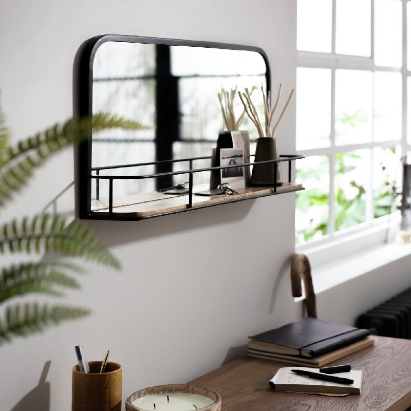 Habitat Rectangular Wall Mirror with Shelf in Black, 60cm Wide