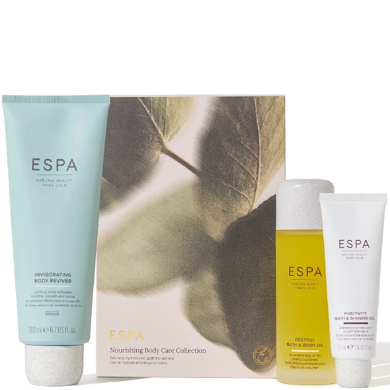 ESPA Nourishing Body Care Collection with Invigorating Body Reviver 200ml, Restful Bath Oil 100ml & Positivity Shower Gel 50ml