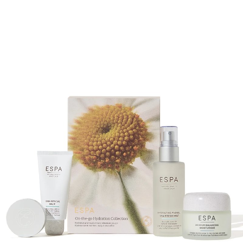 ESPA On-the-go Hydration Collection with Skin Rescue Balm 30g, Floral Spa Mist 100ml, Balancing Moisturiser 55ml & Pink Pomelo Lip Balm 10g