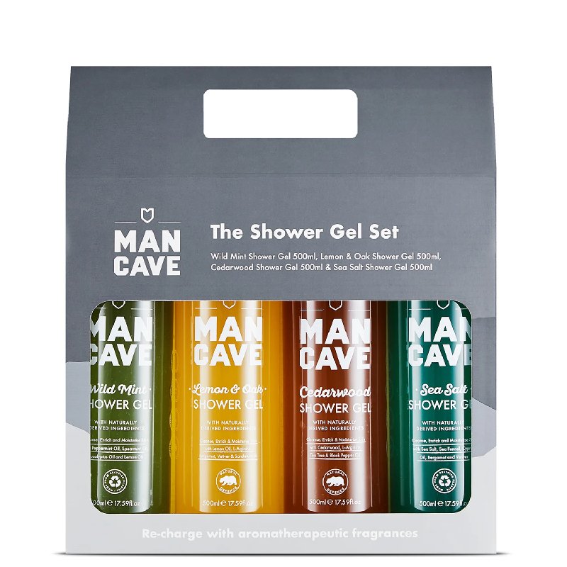 ManCave Men's Shower Gel Gift Set - 4 x 500ml (Cedarwood, Lemon & Oak, Sea Salt, Wild Mint)