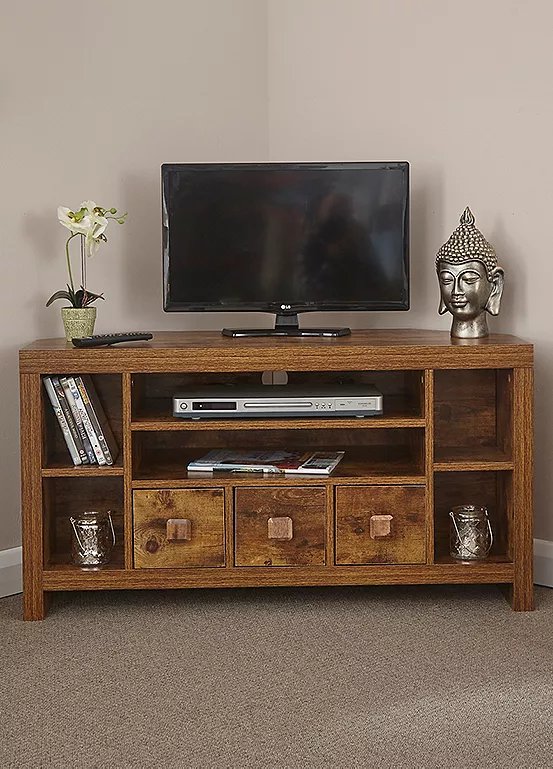 GFW Jakarta 3 Drawer Corner TV Unit in Mango Wood Effect